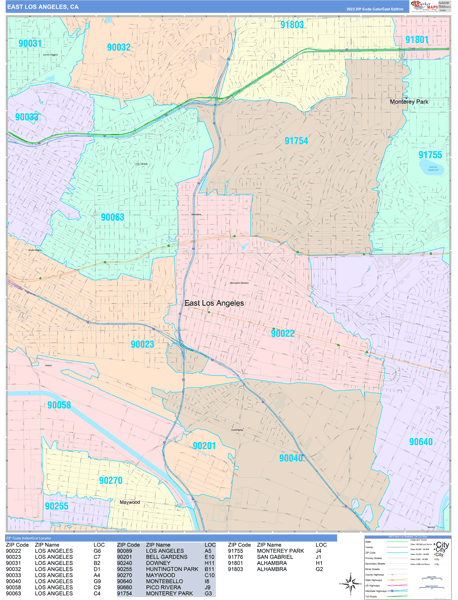 East Los Angeles City Digital Map Color Cast Style